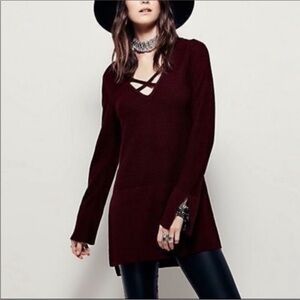 Free People Tunic Sweater Criss-Cross Front Knit | Size Large